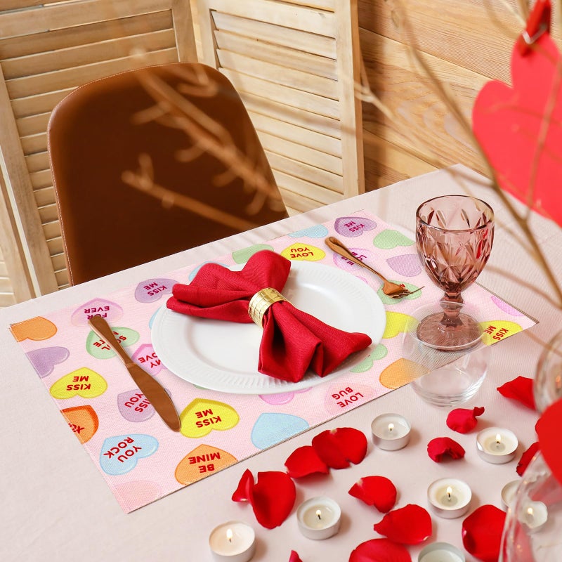 Whaline Valentine's Day Placemats Set of 4 Love Heart Placemats Conversation Hearts Decor Table Mats for Party Kitchen Dining Decoration 12x18 Inch - Image 5