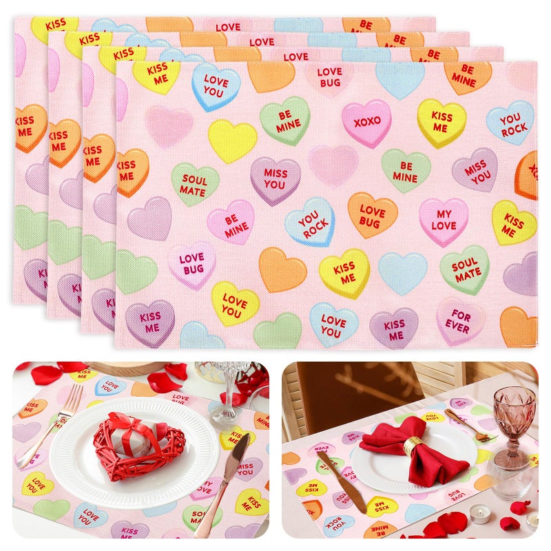 Whaline Valentine's Day Placemats Set of 4 Love Heart Placemats Conversation Hearts Decor Table Mats for Party Kitchen Dining Decoration 12x18 Inch - Image 1