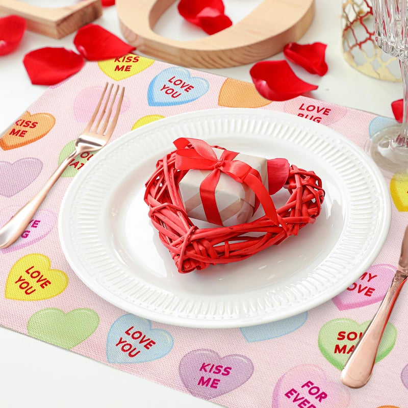 Whaline Valentine's Day Placemats Set of 4 Love Heart Placemats Conversation Hearts Decor Table Mats for Party Kitchen Dining Decoration 12x18 Inch - Image 4