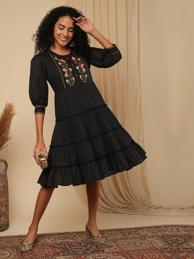 globus Women A- Line Floral Embroidered Ethnic Dresses