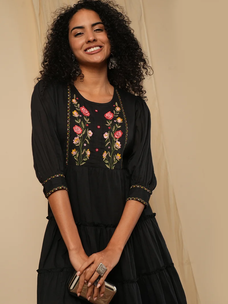 globus Women A- Line Floral Embroidered Ethnic Dresses