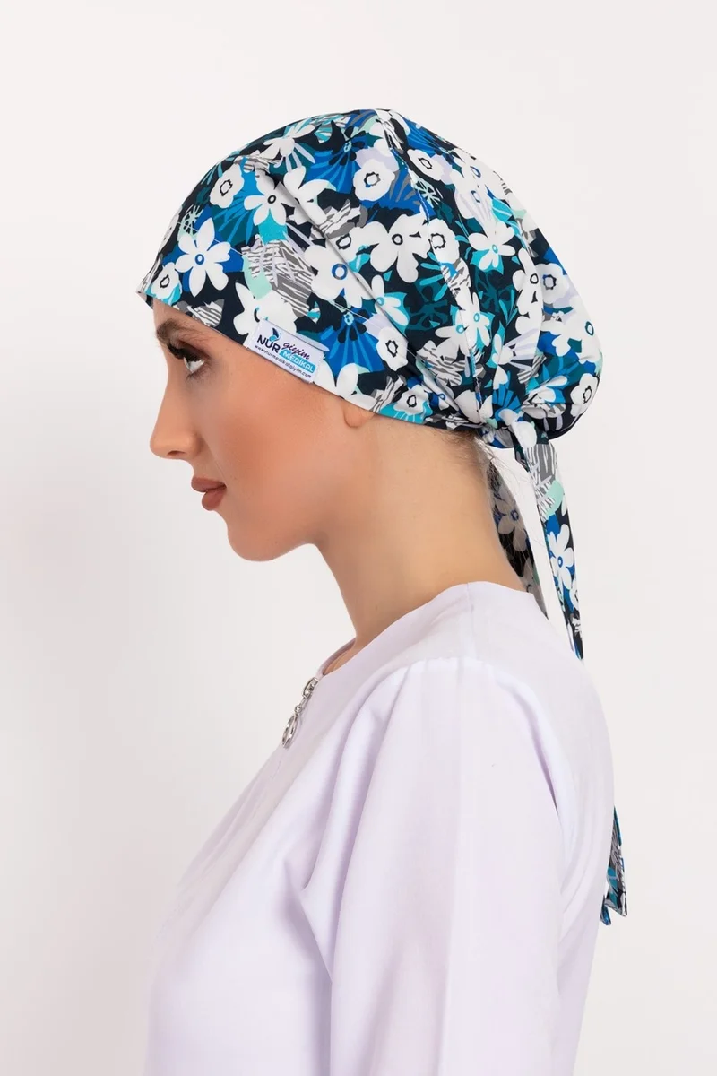 Nur Medikal Giyim Nur Medical Clothing White Daisy Patterned Hijab Doctor Nurse Hospital Cook Surgical Cap