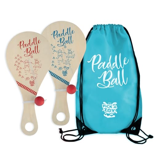 PICK A TOY Wooden Paddle Ball ToySet of 2 with Blue Carry Bag Indoor Outdoor Toy Fun and Classic Paddleball Game for Boys and Girls Party Favor Toys Ages 4 - Image 1