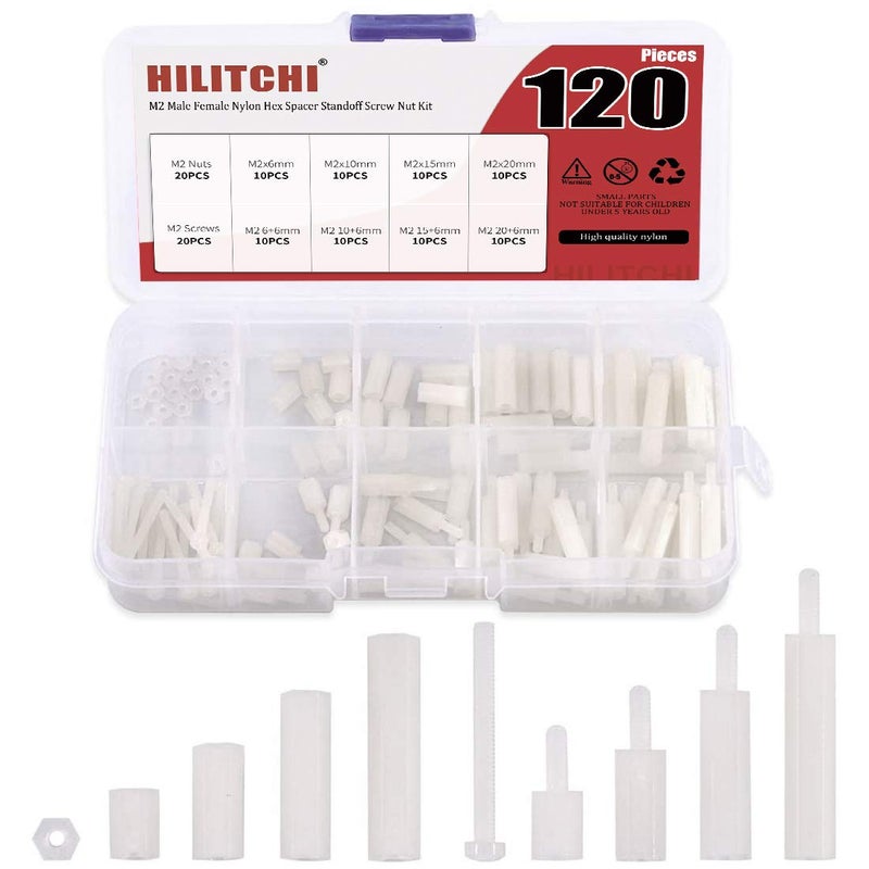 Hilitchi 120pcs M2 Male Female Nylon Hex Spacer Standoff Screw Nut Assortment Kit (Nylon M2) - Image 1