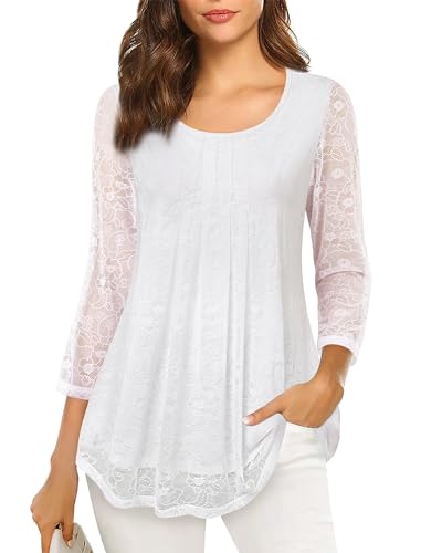 VALOLIA Women's 3/4 Sleeve Lace Tunic Tops - Dressy Blouses for Work, Evening & Night - Plus Size - White XL - Image 1