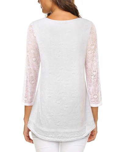 VALOLIA Women's 3/4 Sleeve Lace Tunic Tops - Dressy Blouses for Work, Evening & Night - Plus Size - White XL - Image 2