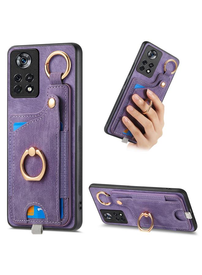 Green Tiger For Xiaomi Poco X4 Pro 5G Retro Skin-feel Ring Card Bag Phone Case with Hang Loop(Purple)