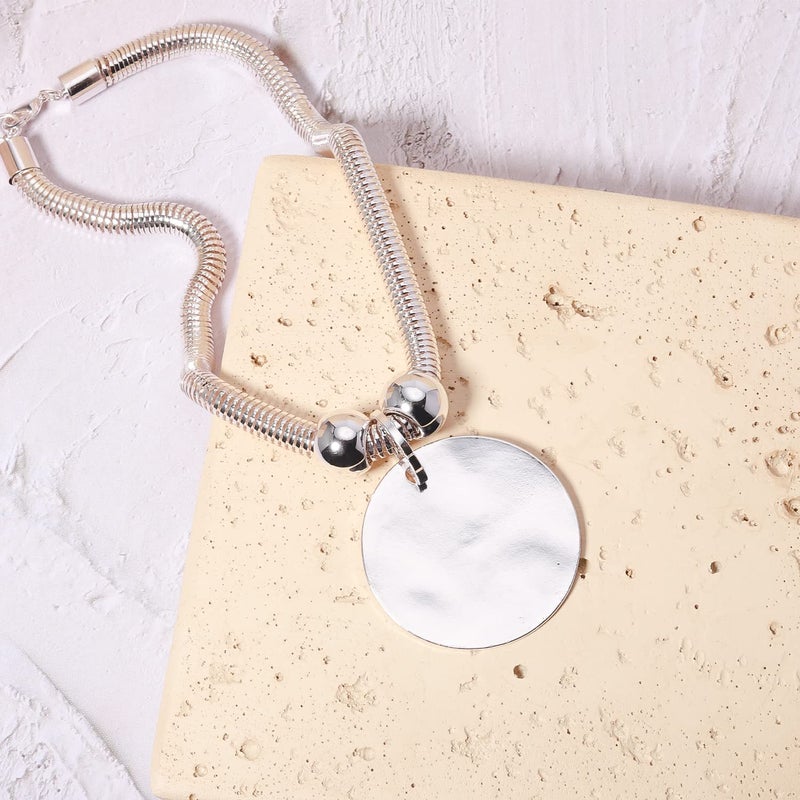 XILAZAB Silver Hammered Metal Statement Necklace Set with Lobster Clasp Closure, Disc Coin Necklace Circle Necklace Chunky Necklaces for Women New Unique Trendy Jewelry Valentines Day Gift - Image 4