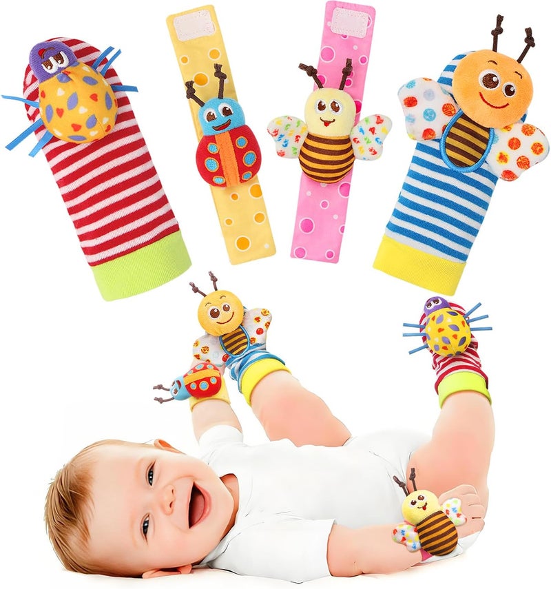 BLOOBLOOMAX Wrist Rattles Foot Finder Rattle Sock Baby Toddlor Toy,Rattle Toy,Arm Hand Bracelet Rattle,Feet Leg Ankle Socks,Activity Rattle Present Gift for Newborn Infant Babies Boy Girl Bebe Bugs Design 4pcs - Image 1