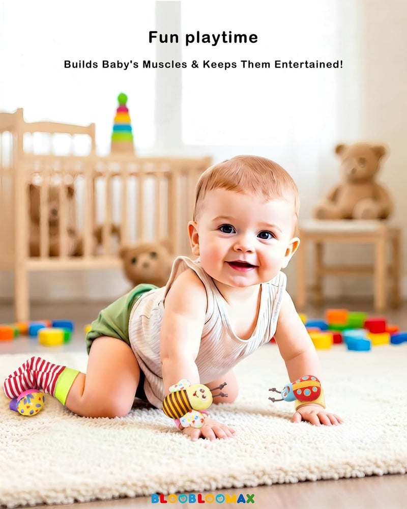 BLOOBLOOMAX Wrist Rattles Foot Finder Rattle Sock Baby Toddlor Toy,Rattle Toy,Arm Hand Bracelet Rattle,Feet Leg Ankle Socks,Activity Rattle Present Gift for Newborn Infant Babies Boy Girl Bebe Bugs Design 4pcs - Image 4