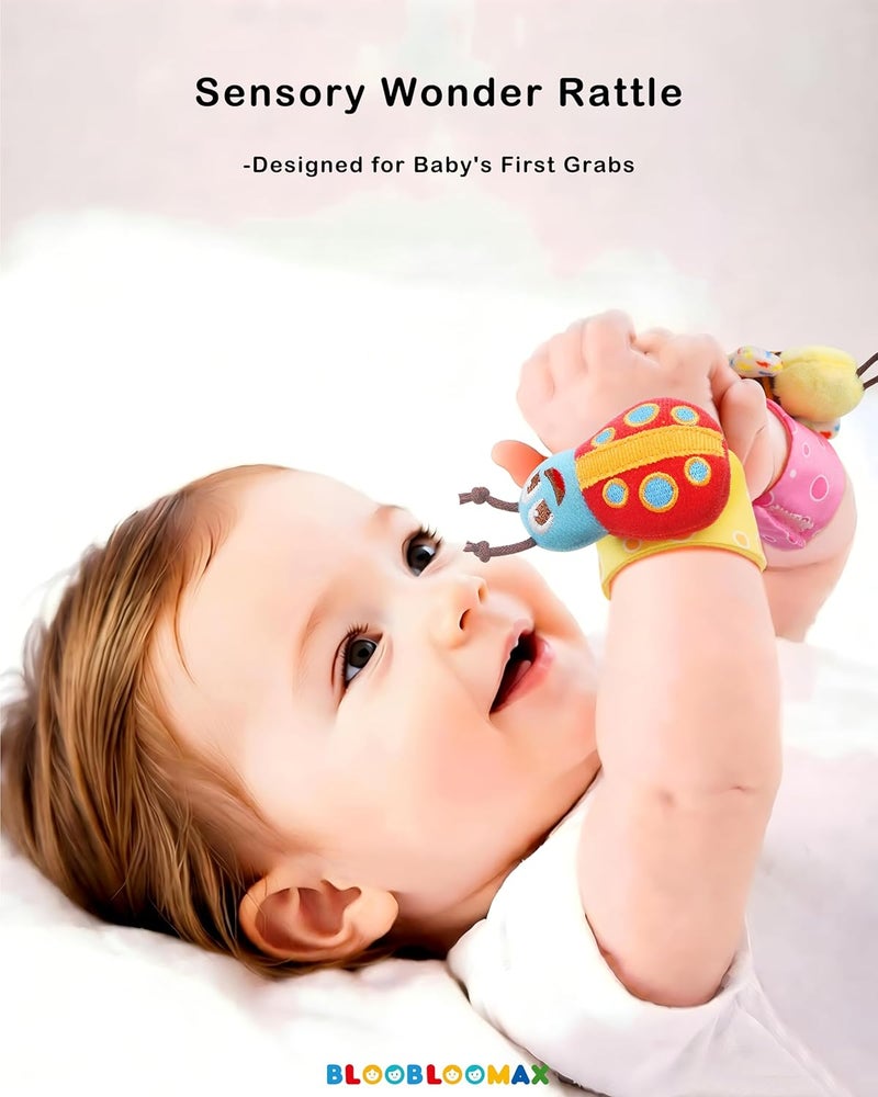 BLOOBLOOMAX Wrist Rattles Foot Finder Rattle Sock Baby Toddlor Toy,Rattle Toy,Arm Hand Bracelet Rattle,Feet Leg Ankle Socks,Activity Rattle Present Gift for Newborn Infant Babies Boy Girl Bebe Bugs Design 4pcs - Image 2