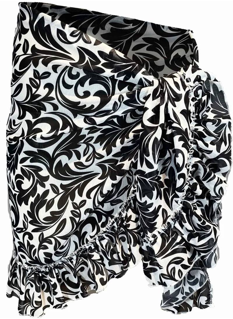 بولدر Frida Black and White Floral Pattern Short Ruffle Pareo