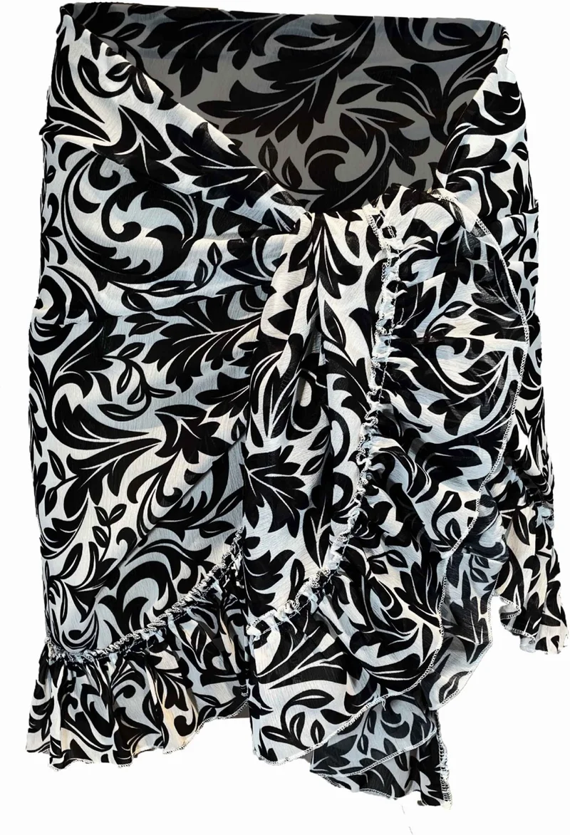 بولدر Frida Black and White Floral Pattern Short Ruffle Pareo
