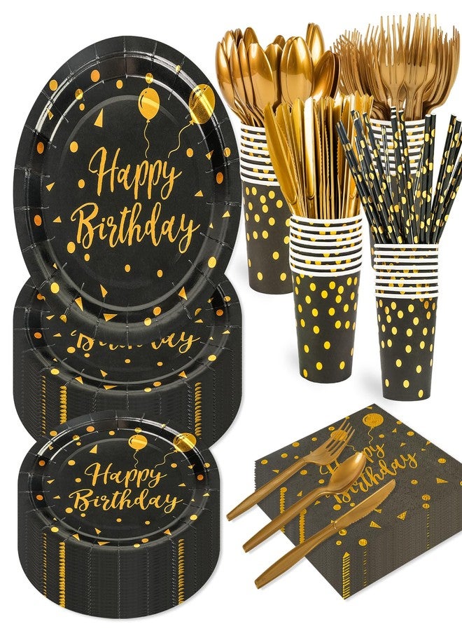 PUEVENYI 400PCS Happy Birthday Party Supplies, Black and Gold Disposable Dinnerware Set Includes Paper Plates Napkins Cups Straws Forks Knivesand Spoons for Graduation Birthday Party Decorations, Serve 50 - Image 1
