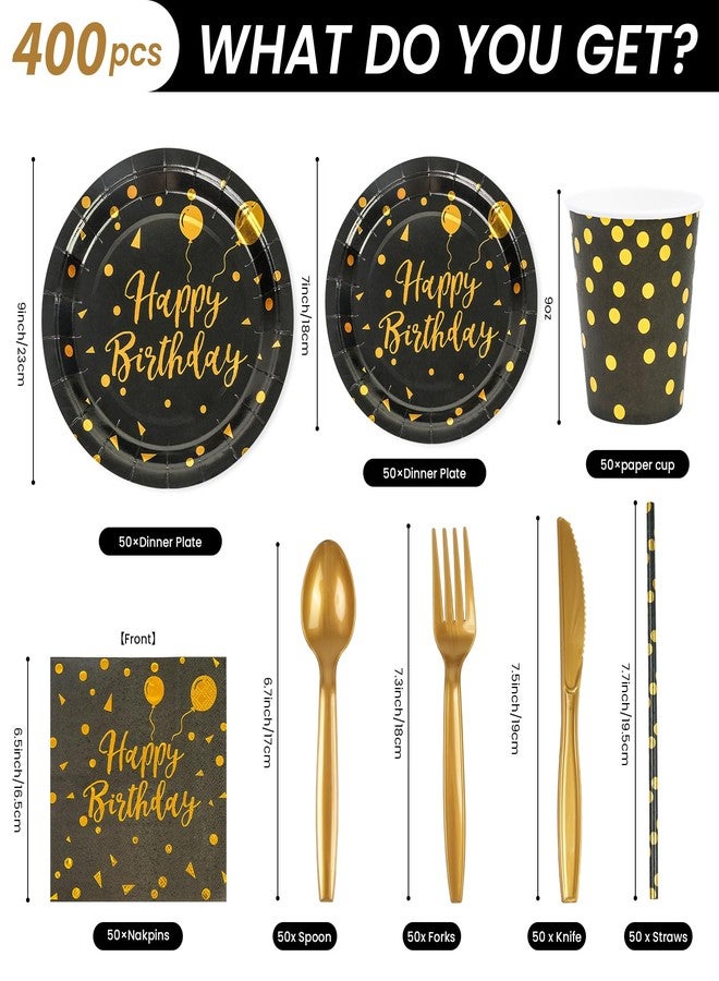 PUEVENYI 400PCS Happy Birthday Party Supplies, Black and Gold Disposable Dinnerware Set Includes Paper Plates Napkins Cups Straws Forks Knivesand Spoons for Graduation Birthday Party Decorations, Serve 50 - Image 2