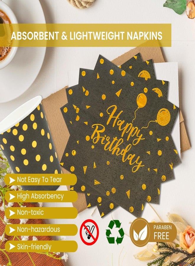 PUEVENYI 400PCS Happy Birthday Party Supplies, Black and Gold Disposable Dinnerware Set Includes Paper Plates Napkins Cups Straws Forks Knivesand Spoons for Graduation Birthday Party Decorations, Serve 50 - Image 4