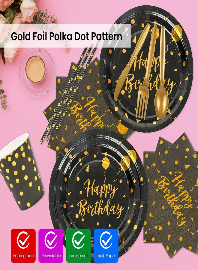 PUEVENYI 400PCS Happy Birthday Party Supplies, Black and Gold Disposable Dinnerware Set Includes Paper Plates Napkins Cups Straws Forks Knivesand Spoons for Graduation Birthday Party Decorations, Serve 50 - Image 3