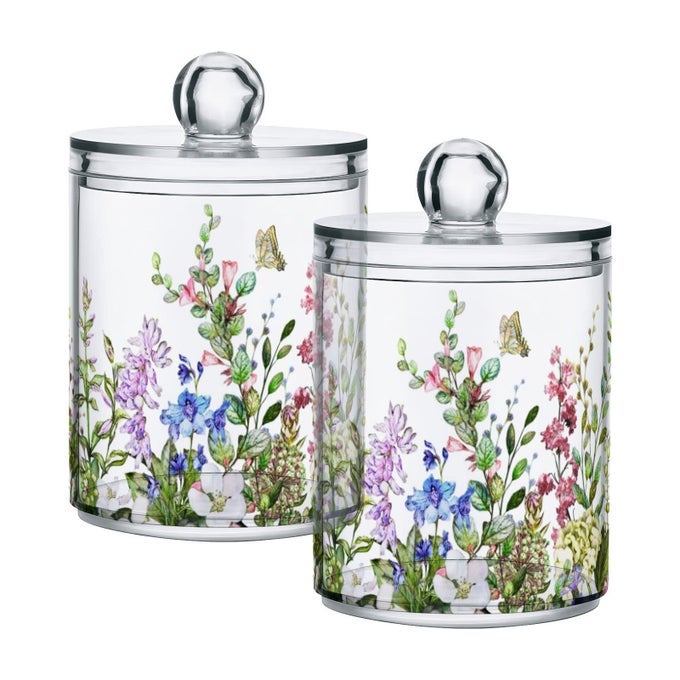 2 PACK FLOWERS PATTERN APOTHECARY JARS WITH LID QTIP HOLDER STORAGE JARS FOR COTTON SWAB COTTON ROUND PADS CLEAR PLASTIC CANISTERS FOR BATHROOM VANITY ORGANIZATION 10 OZ
