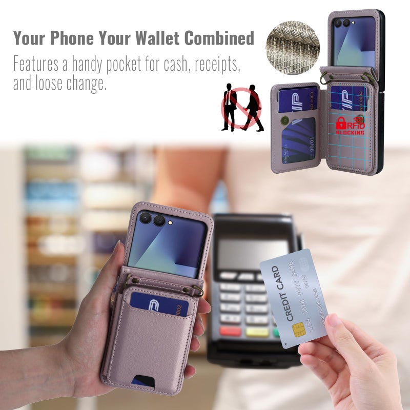 ASAPDOS for Samsung Galaxy Z Flip 7 PU Leather Wallet Phone Case with Card Slots (Holds 5 Cards), Anti-Drop Protection, Wrist & Shoulder Strap Gold - Image 5