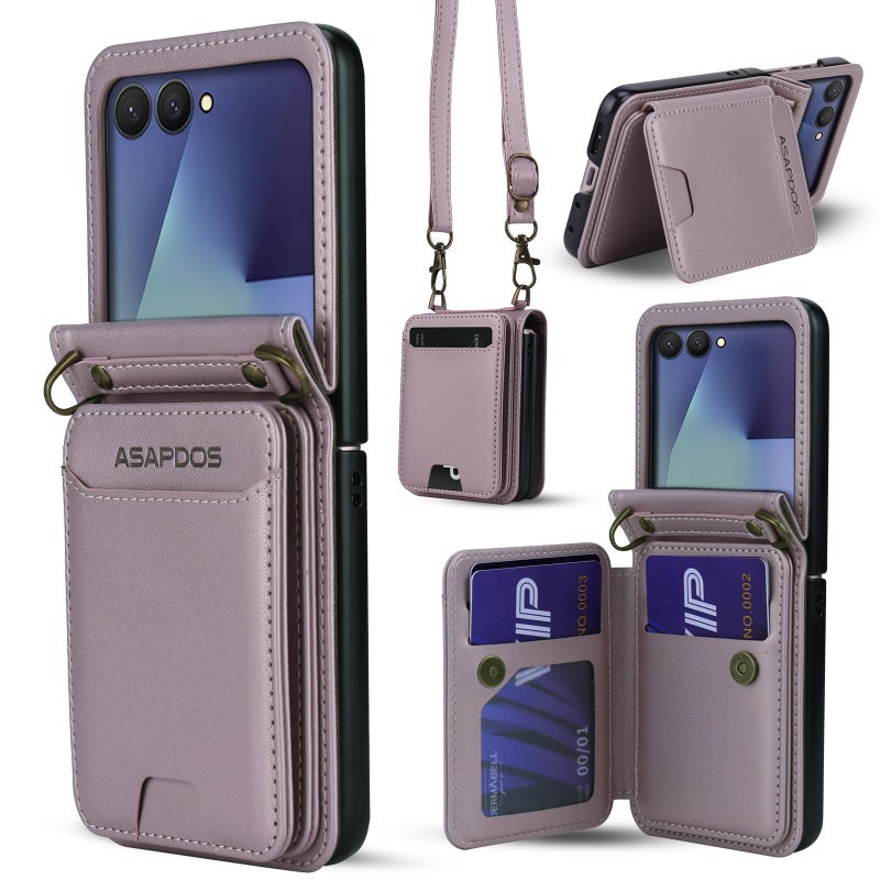 ASAPDOS for Samsung Galaxy Z Flip 7 PU Leather Wallet Phone Case with Card Slots (Holds 5 Cards), Anti-Drop Protection, Wrist & Shoulder Strap Gold - Image 1
