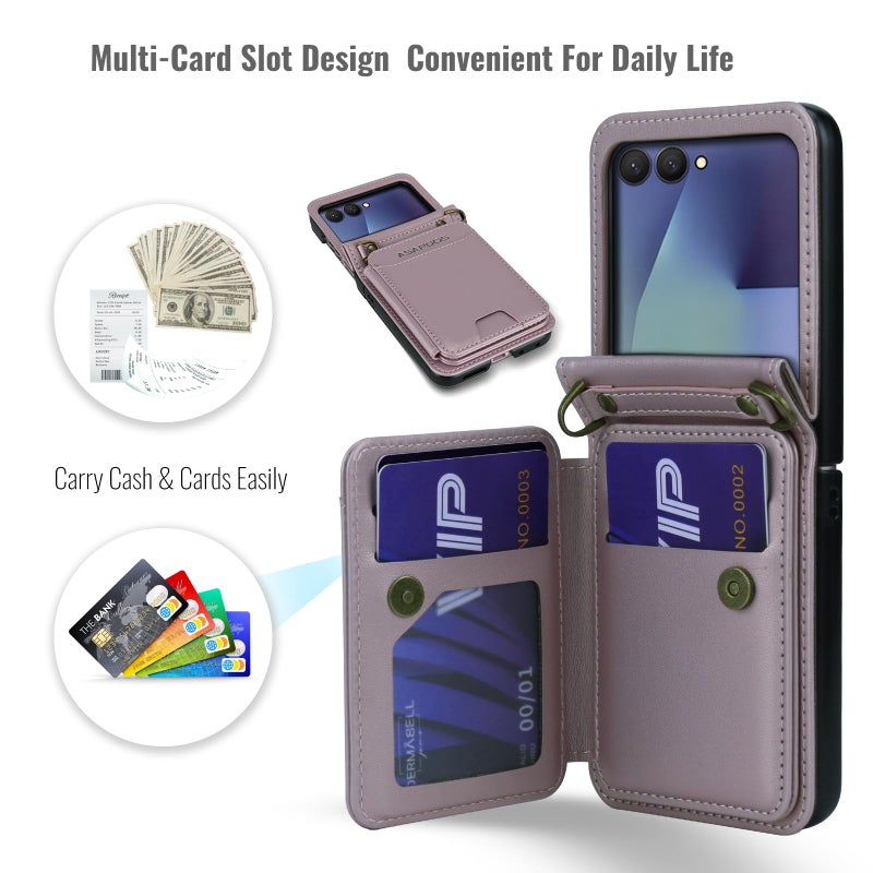 ASAPDOS for Samsung Galaxy Z Flip 7 PU Leather Wallet Phone Case with Card Slots (Holds 5 Cards), Anti-Drop Protection, Wrist & Shoulder Strap Gold - Image 2