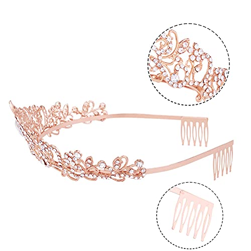 Vofler Crowns for Women, Rose Gold Tiara Crystal Rhinestone Hair Accessories for Princess Queen Ladies Little Girls Adult Bridal Bride Birthday Wedding Pageant Prom Halloween Costume Party with Combs - Image 5