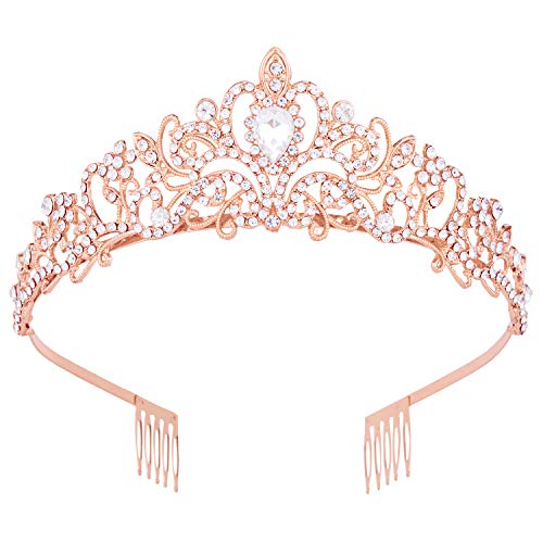 Vofler Crowns for Women, Rose Gold Tiara Crystal Rhinestone Hair Accessories for Princess Queen Ladies Little Girls Adult Bridal Bride Birthday Wedding Pageant Prom Halloween Costume Party with Combs - Image 1
