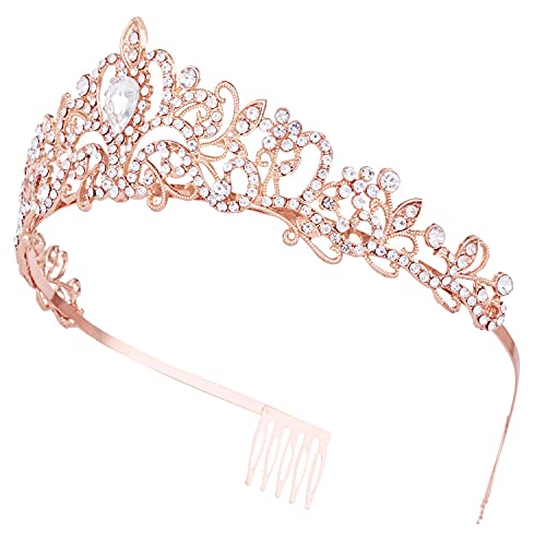 Vofler Crowns for Women, Rose Gold Tiara Crystal Rhinestone Hair Accessories for Princess Queen Ladies Little Girls Adult Bridal Bride Birthday Wedding Pageant Prom Halloween Costume Party with Combs - Image 4