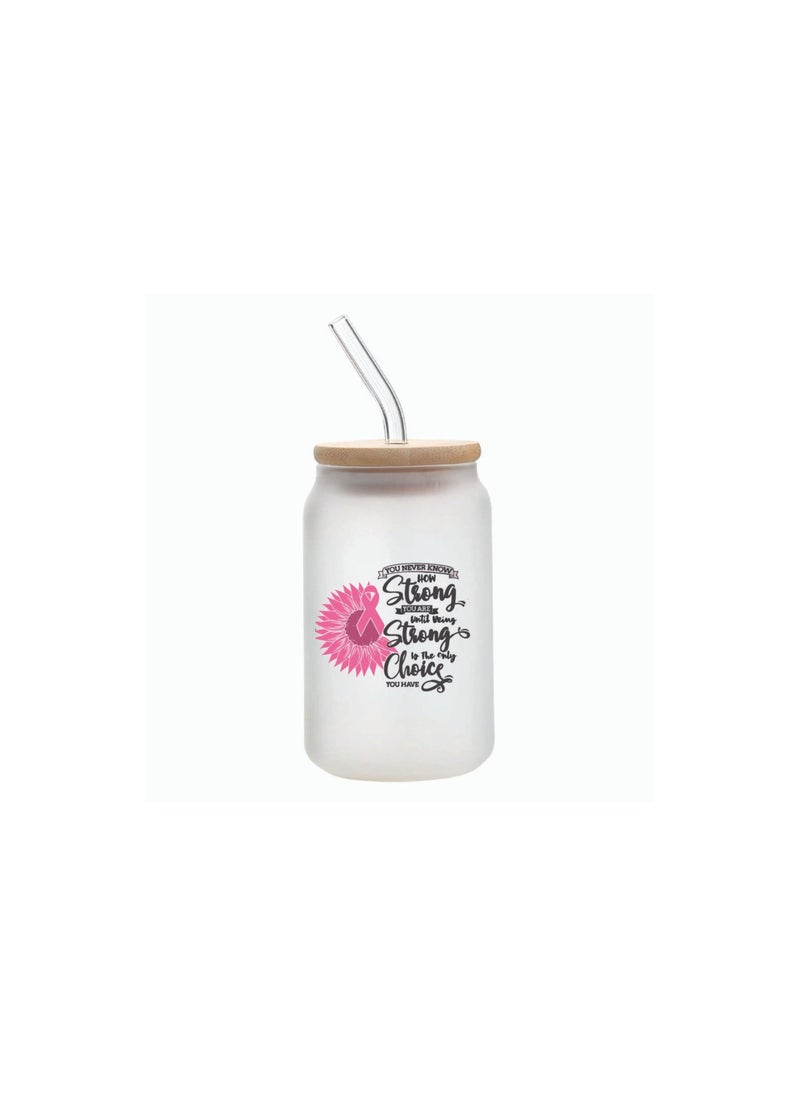 PRINTSHOP4ME PinkCancer Awareness Reusable Glass Bottle with Straw and Bamboo Lid 455 ml - Eco-Friendly and Stylish Drinking Bottle - Perfect for PinkCancer Awareness  - Image 1