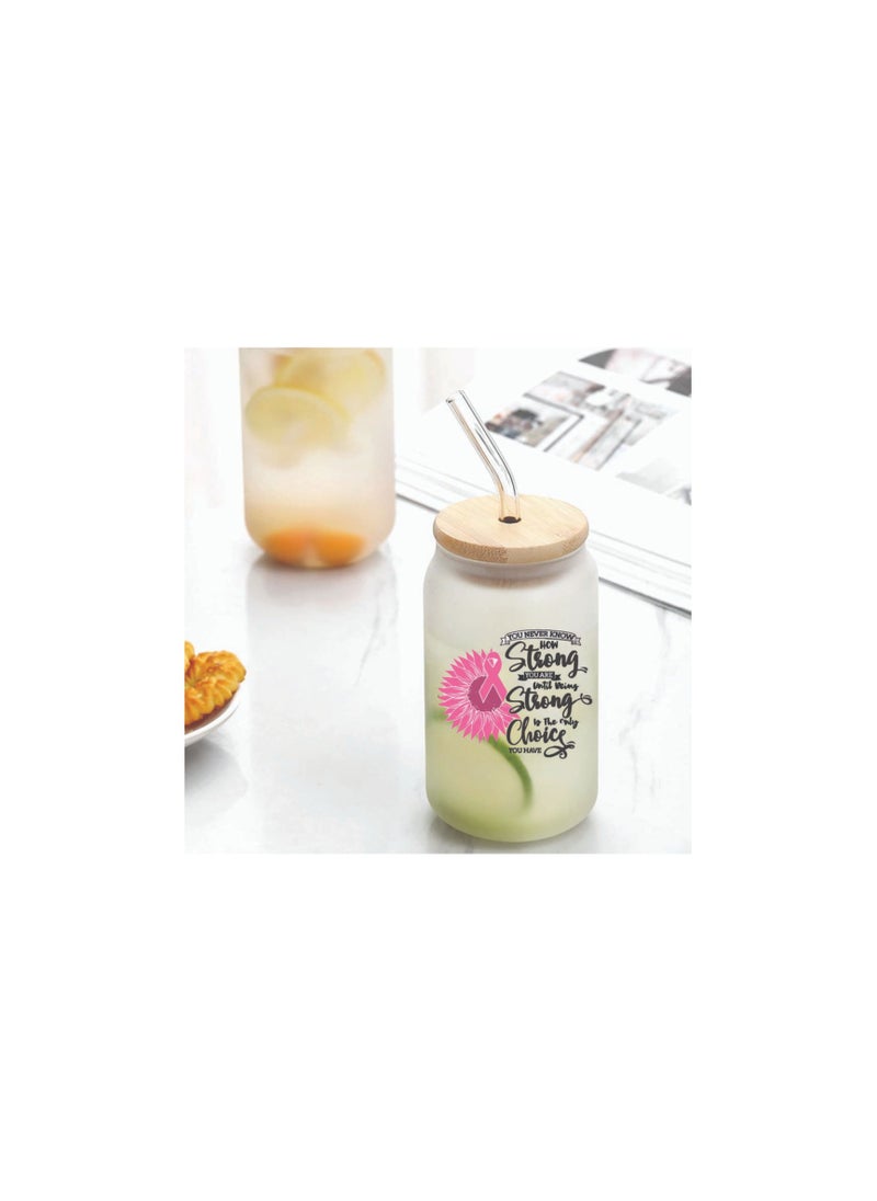 PRINTSHOP4ME PinkCancer Awareness Reusable Glass Bottle with Straw and Bamboo Lid 455 ml - Eco-Friendly and Stylish Drinking Bottle - Perfect for PinkCancer Awareness  - Image 2