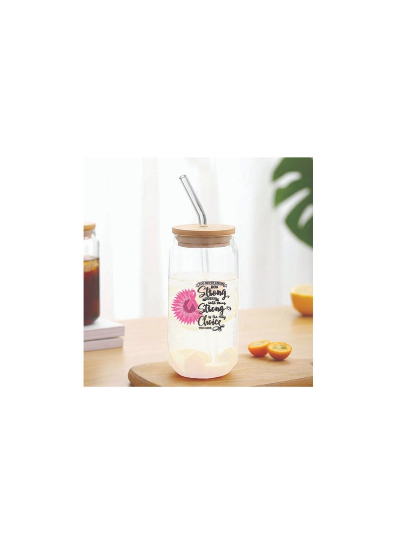 PRINTSHOP4ME PinkCancer Awareness Reusable Glass Bottle with Straw and Bamboo Lid 455 ml - Eco-Friendly and Stylish Drinking Bottle - Perfect for PinkCancer Awareness  - Image 3