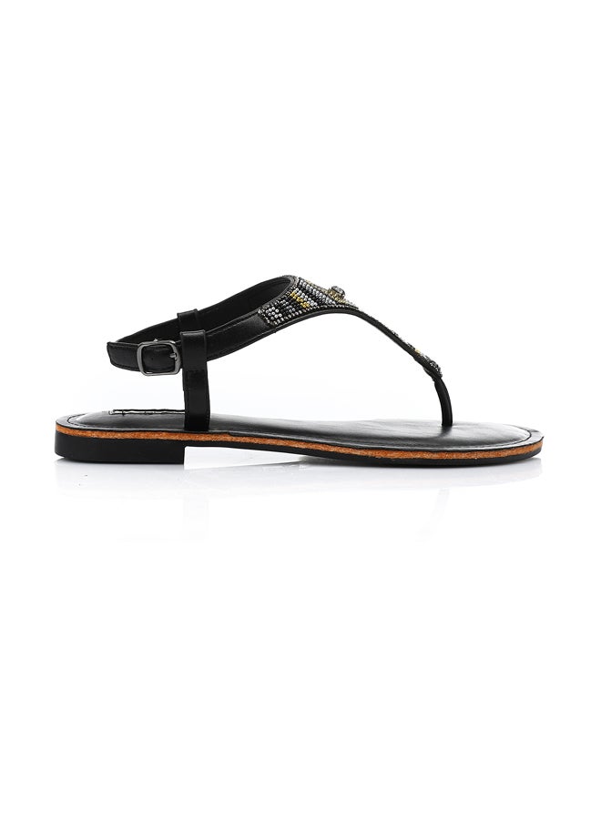 DejaVu Thonge Buckle Closure Embellished Sandals - Black  - Image 1