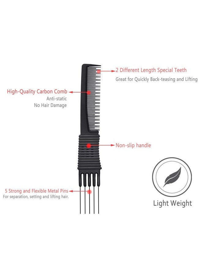Perfehair PERFEHAIR 2pcs Black Carbon Lift Teasing Combs with Metal Prong, Salon Teasing Lifting Fluffing Comb with 5 Stainless Steel Pins  - Image 4