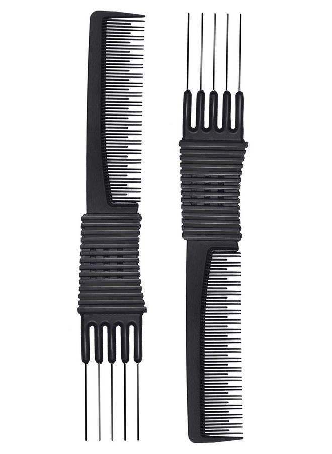 Perfehair PERFEHAIR 2pcs Black Carbon Lift Teasing Combs with Metal Prong, Salon Teasing Lifting Fluffing Comb with 5 Stainless Steel Pins  - Image 1