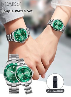 roaiss Stainless Steel Strap Couple Quartz Watch Set, Analog Display Round Dial with Rotatable Bezel, Luminous Waterproof Calendar Watch Gift for Men Women  - Image 1