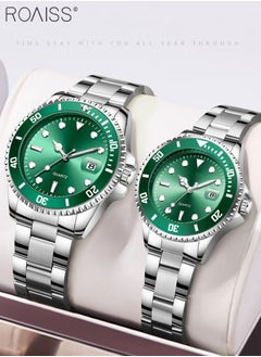roaiss Stainless Steel Strap Couple Quartz Watch Set, Analog Display Round Dial with Rotatable Bezel, Luminous Waterproof Calendar Watch Gift for Men Women  - Image 2