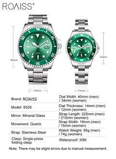 roaiss Stainless Steel Strap Couple Quartz Watch Set, Analog Display Round Dial with Rotatable Bezel, Luminous Waterproof Calendar Watch Gift for Men Women  - Image 3