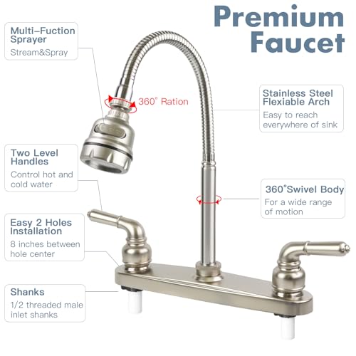 ExcelFu RV Kitchen Faucet,Camper Faucet Kitchen Replacement RV Sink Faucets with Flexible Arch 360 Swivel Rotatable Sprayer for Campers,Travel Trailers,Motorhomes,8 inch 2 Hole,Non-Metallic,Brushed Nickel - Image 5