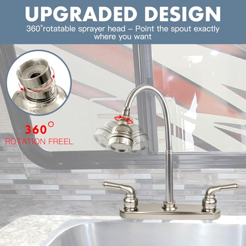 ExcelFu RV Kitchen Faucet,Camper Faucet Kitchen Replacement RV Sink Faucets with Flexible Arch 360 Swivel Rotatable Sprayer for Campers,Travel Trailers,Motorhomes,8 inch 2 Hole,Non-Metallic,Brushed Nickel - Image 3