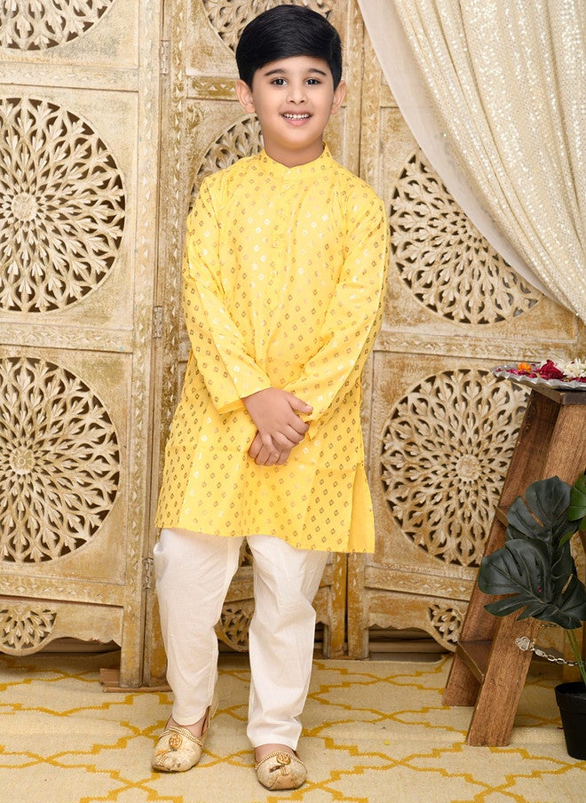 Saka Designs Boys Yellow Printed Angrakha Kurta with Pyjamas - Image 1