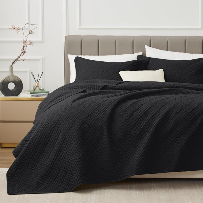 QUILT SET FULL QUEEN SIZE BLACK 3 PIECELIGHTWEIGHT SOFT COVERLET MODERN STYLE SQUARES PATTERN BEDSPREAD SET FOR ALL SEASON1 QUILT2 PILLOW SHAMS