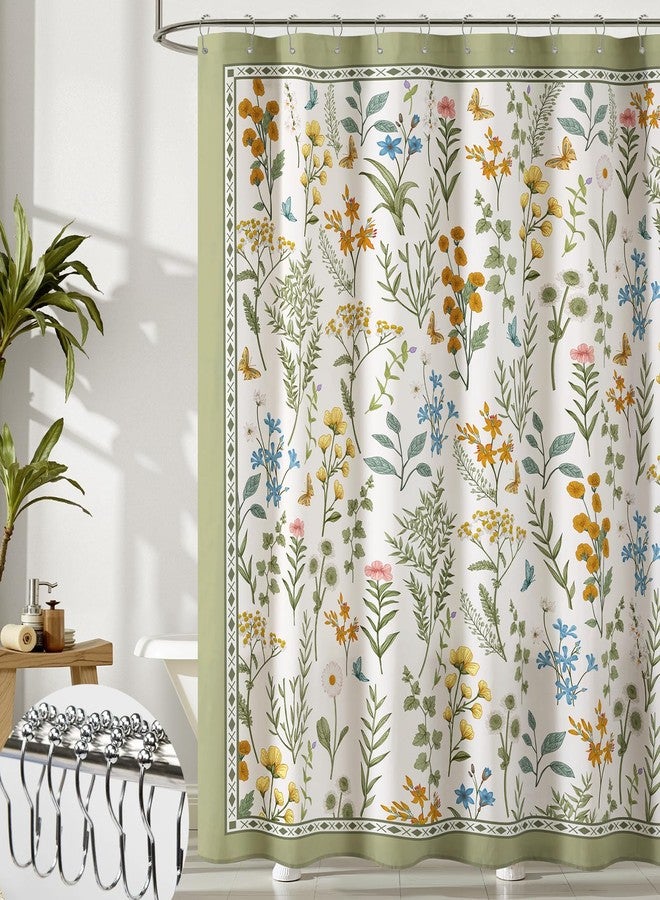 Treory Printed Shower Curtain Set: Outlined Vintage Botanical Shower Curtain, Classic Floral Butterfly Pattern Waterproof Fabric, Retro Art Bathtub Bathroom Decorations Home Decor, 72" x 72" - Image 1