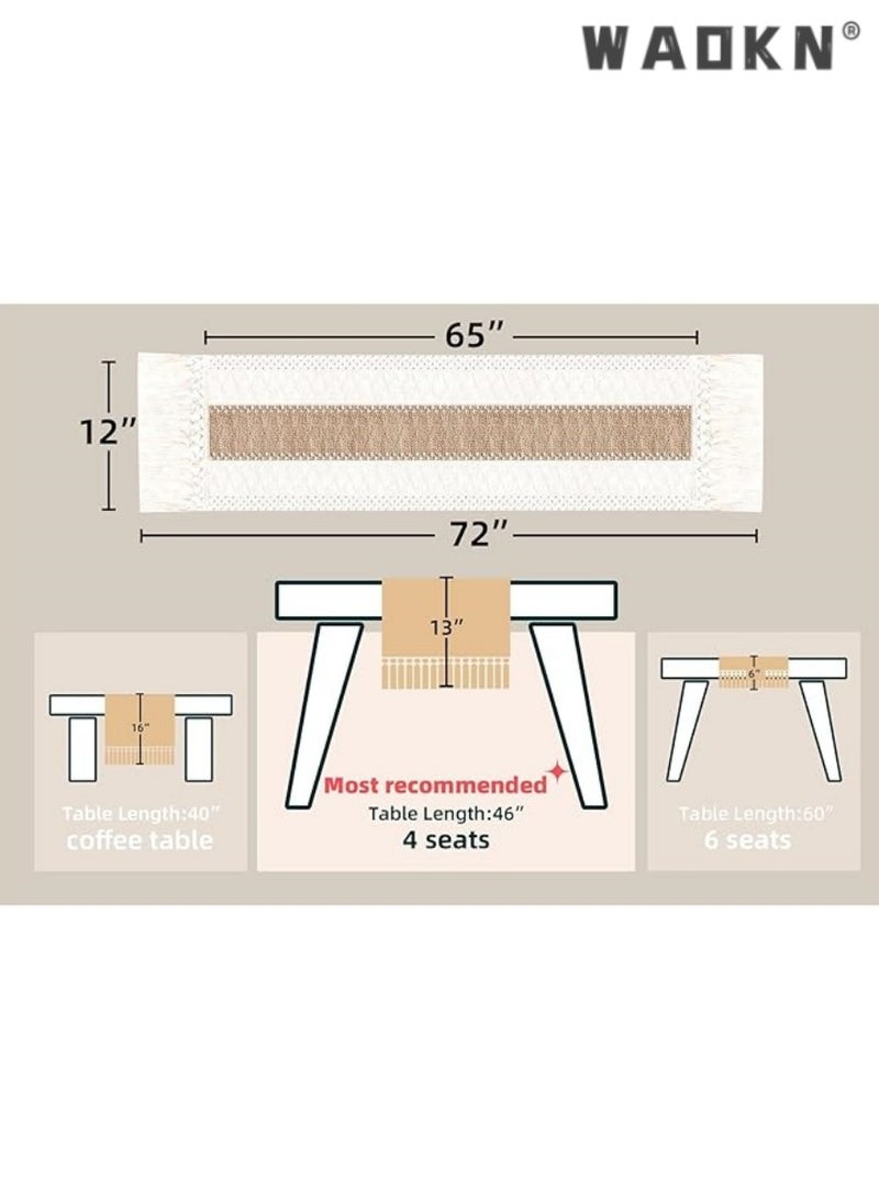 WAOKN Extended Farmhouse Rustic Table Runner for Home Decor with Elegant Tassels - Magnificent 72-Inch Length, Cream & Brown Macrame Blend,  Enhancing Living Room Aesthetics Perfect for Bridal Showers & Special Occasions (Generous 12x72 Inches Size)  - Image 2