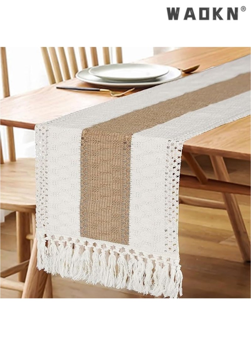 WAOKN Extended Farmhouse Rustic Table Runner for Home Decor with Elegant Tassels - Magnificent 72-Inch Length, Cream & Brown Macrame Blend,  Enhancing Living Room Aesthetics Perfect for Bridal Showers & Special Occasions (Generous 12x72 Inches Size)  - Image 4