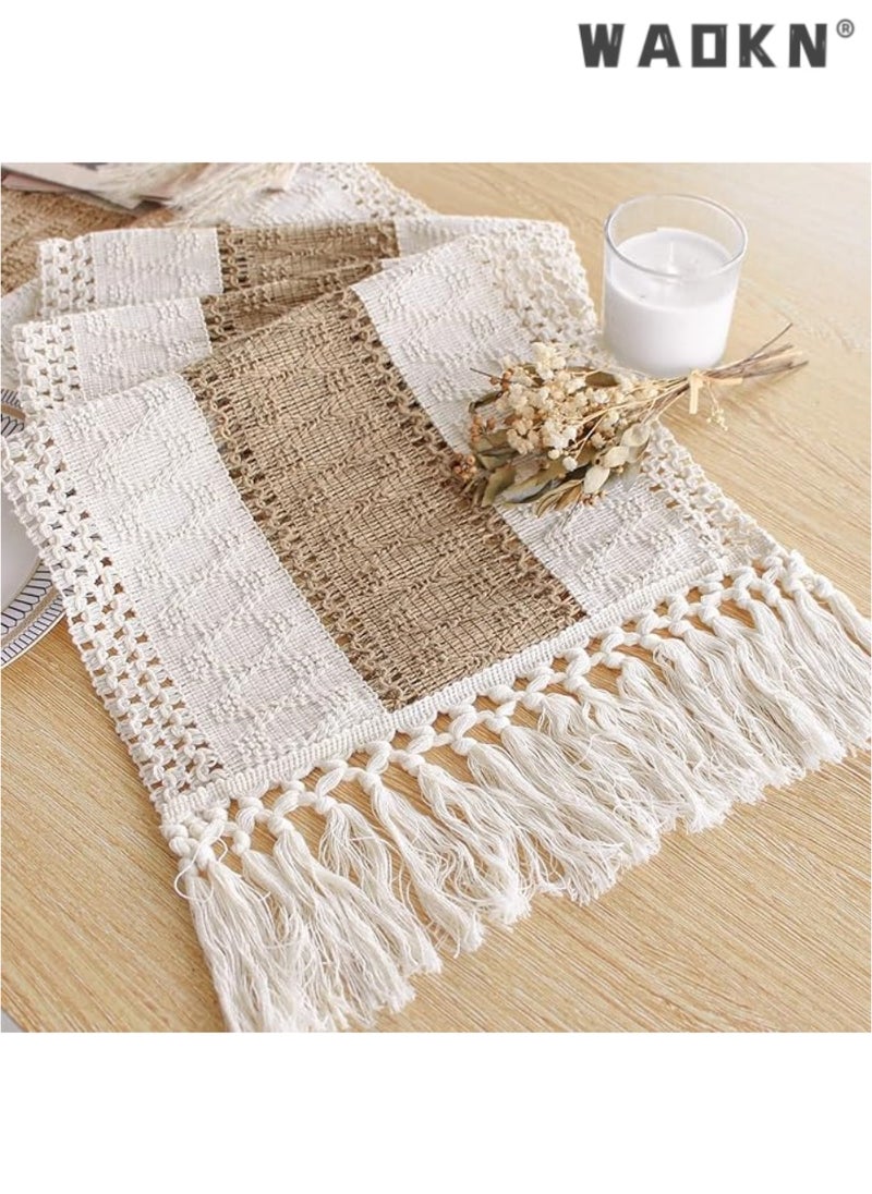 WAOKN Extended Farmhouse Rustic Table Runner for Home Decor with Elegant Tassels - Magnificent 72-Inch Length, Cream & Brown Macrame Blend,  Enhancing Living Room Aesthetics Perfect for Bridal Showers & Special Occasions (Generous 12x72 Inches Size)  - Image 1