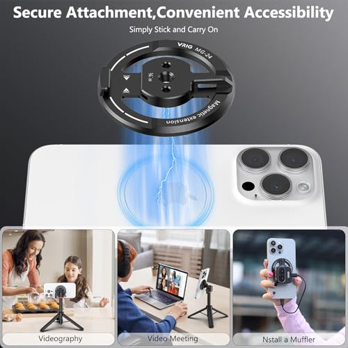VRIG Magnetic Phone Tripod Mount Adapter with Adhesive Magnetic Ring Compatible with MagSafe iPhone 15 Pro Max 15 Plus 14 13 12, 1/4" Thread for iPhone Video Recording Selfie Stick Ring Light - Image 4