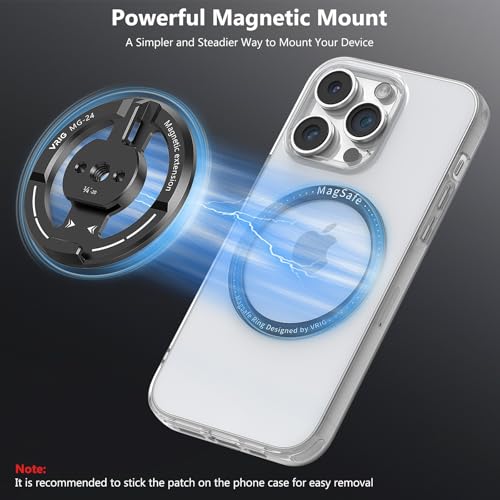 VRIG Magnetic Phone Tripod Mount Adapter with Adhesive Magnetic Ring Compatible with MagSafe iPhone 15 Pro Max 15 Plus 14 13 12, 1/4" Thread for iPhone Video Recording Selfie Stick Ring Light - Image 3