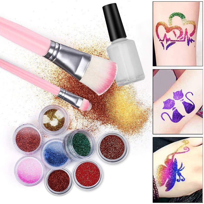 Temporary Tattoo Glitter: 24 Multicolor Bottles With Glue, Stencils And Brushes - Versatile Body Art For Home, Salon, DIY Nail Art, Face And Eye Makeup - Image 3