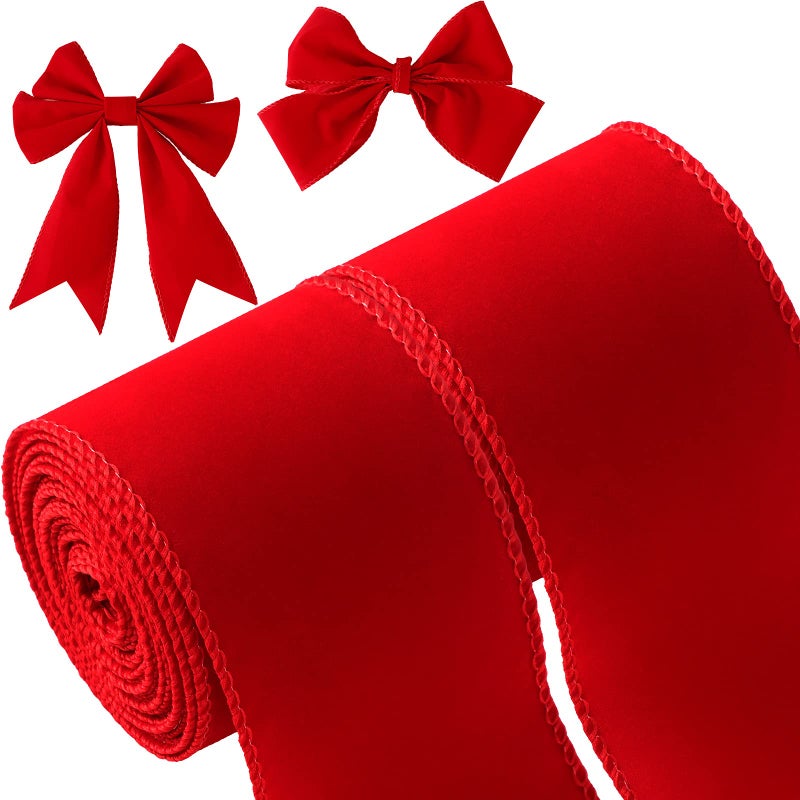 2 Rolls 25 Inch 10 Yards Christmas Velvet Ribbon Single Face Christmas Plain Velvet Ribbon for Gift Wrapping Crafts Xmas Wreath Tree DecorRed