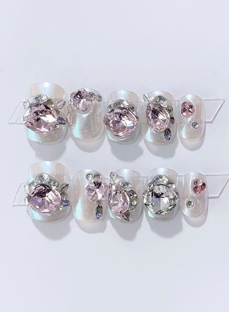 Generic 10 PCS Handmade False Nails, White Pink Silver Diamond Shimmer, Short Press On Nails  - Image 1